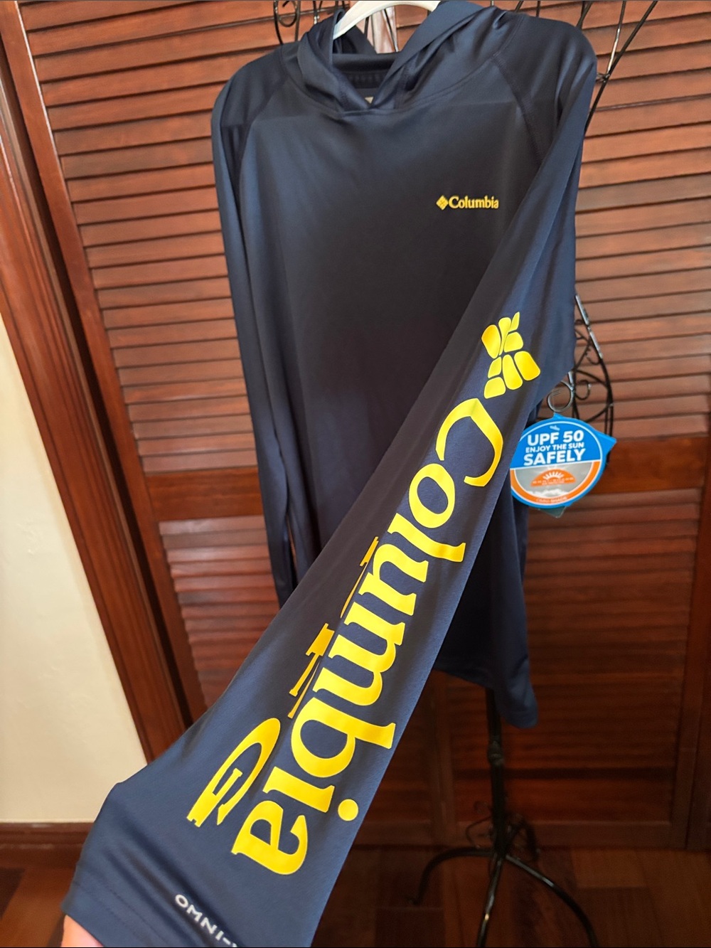 Columbia Navy Hooded Long Sleeve Outdoor Tee with Yellow Logo